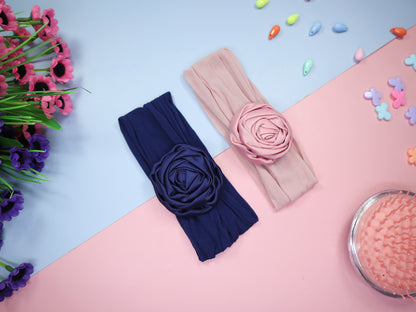 Kamule Lycra Flower Luxurious Headband set of 2 -Dark Blue-Peach