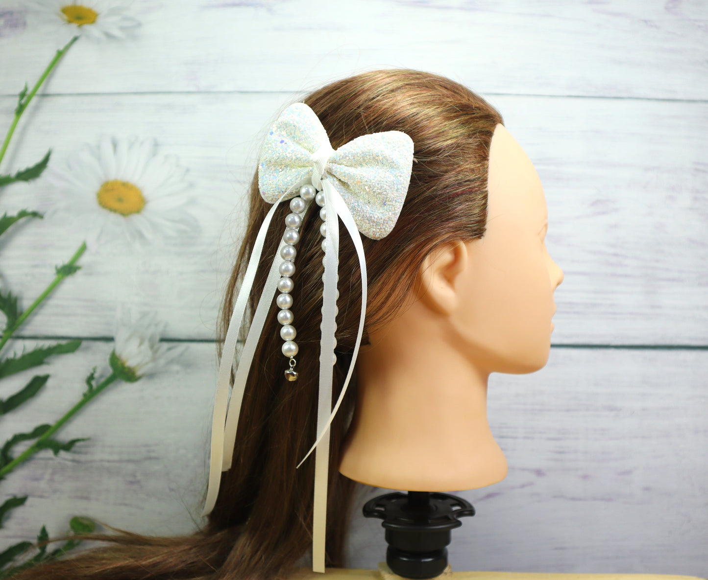 Kamule Luxurious Pearl Beaded Satin Strip Bow Clip - White