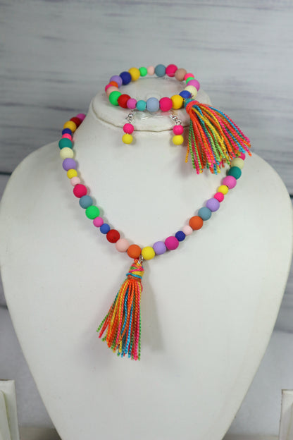 Kamule Set Of 3 Matte Multi Beads With Tassel Necklace with Bracelet And Earing   - Multicolour