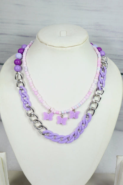 Kamule Seed beads and Acrylic Chain Detailed Necklace set of 2- Purple