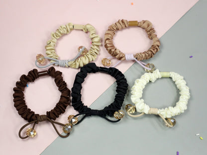 Kamule Crystal Bloom Scrunchie Set of 5-White , Black , Light Brown ,Dark Brown & cream