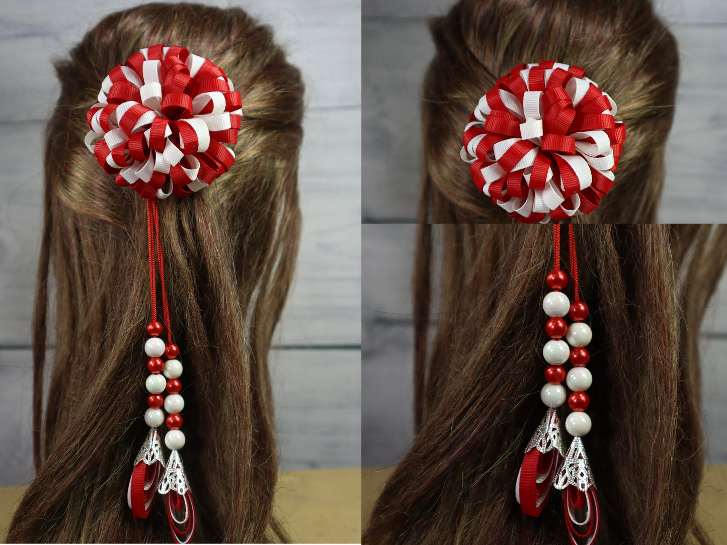 Kamule Bun Bow Flora Beads Hairclip Pack of 1 - Red-White