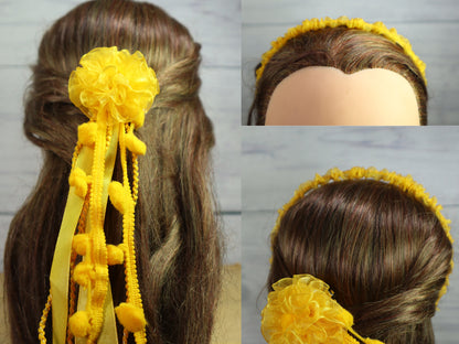 Kamule Set Of 3 Flower Layered Hair Clips With Bands and Bracelet -Yellow