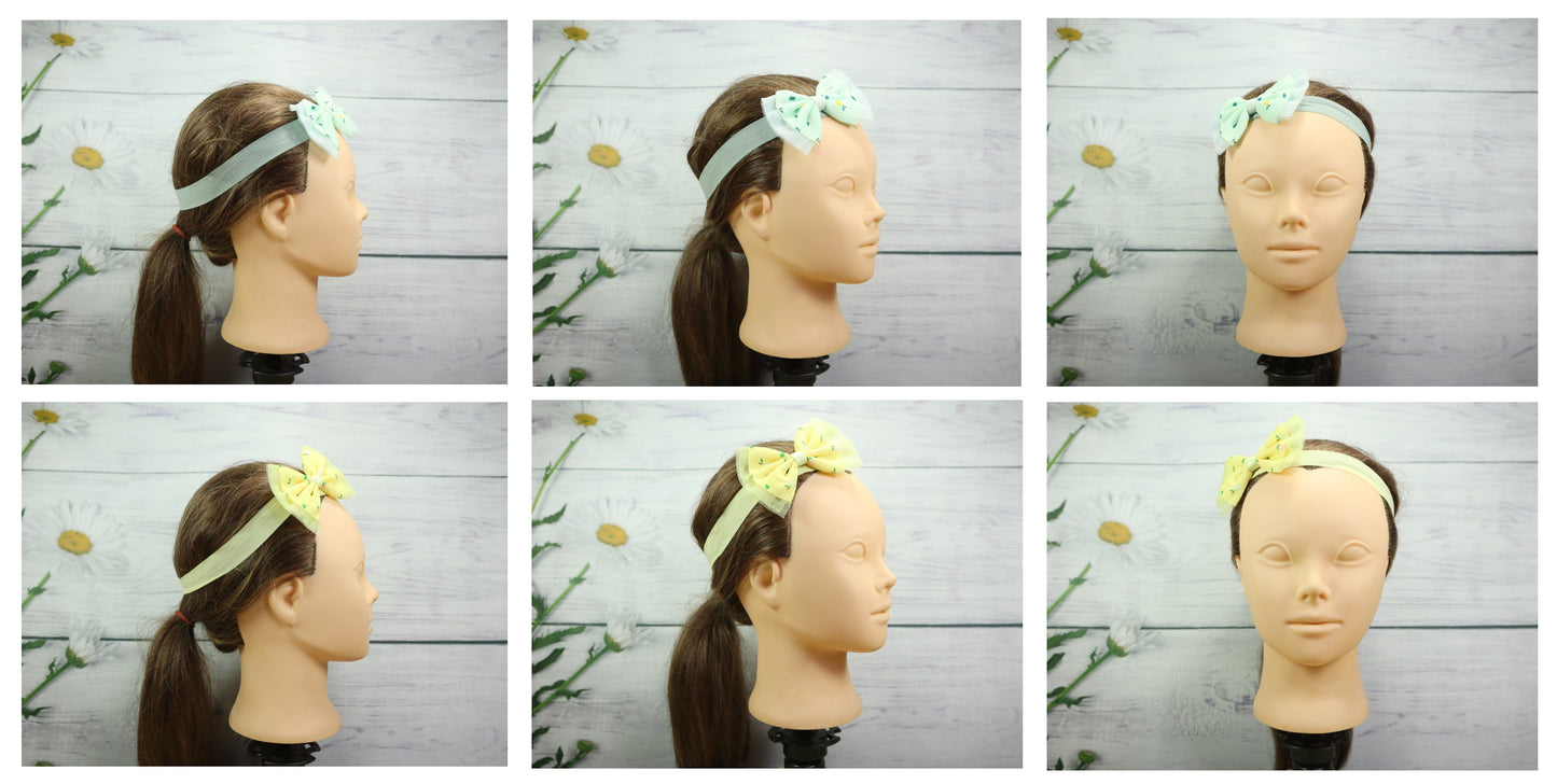 Kamule Bow Net Headband Flower Print set of 2 -Yellow-Green