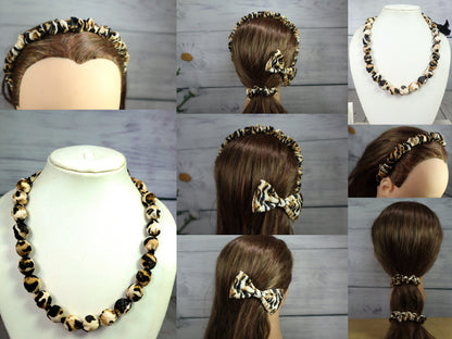 Kamule Leopard Print Set Of 5 Bow Hair Clips, Hair Bands and Necklace With Small Scrunchies