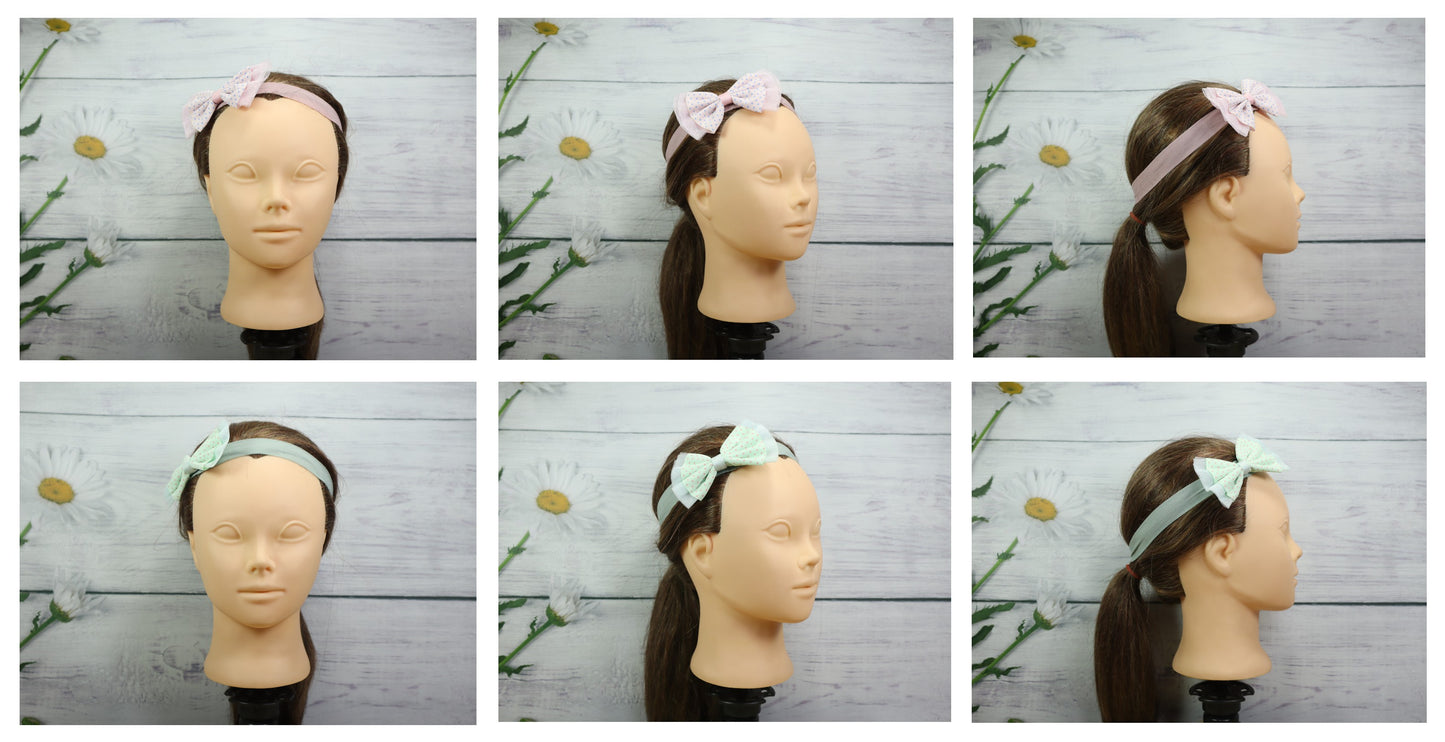 Kamule Bow Net Headband Polka Dots Print set of 2 -Green-Flamingo Pink