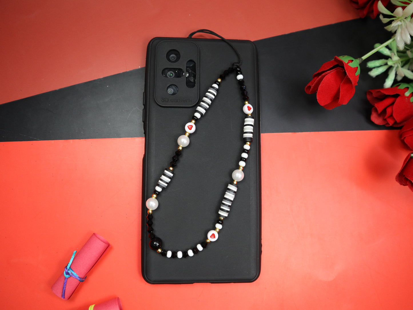 Kamule Black,White & Grey Fimo Beads Phone Charm