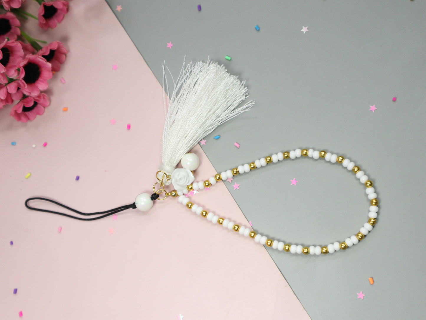 Kamule White & Golden Beaded Phone Charm