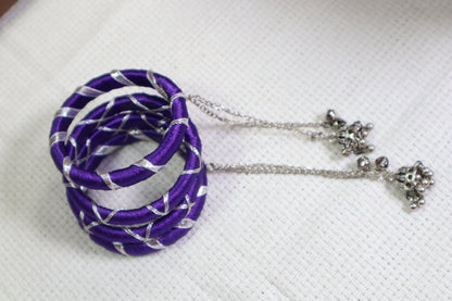 Kamule Navratri-Inspired Set of 4 Purple Silk Thread Bangles with Silver Criss-Cross Design & Hanging Beaded Tassels –Purple