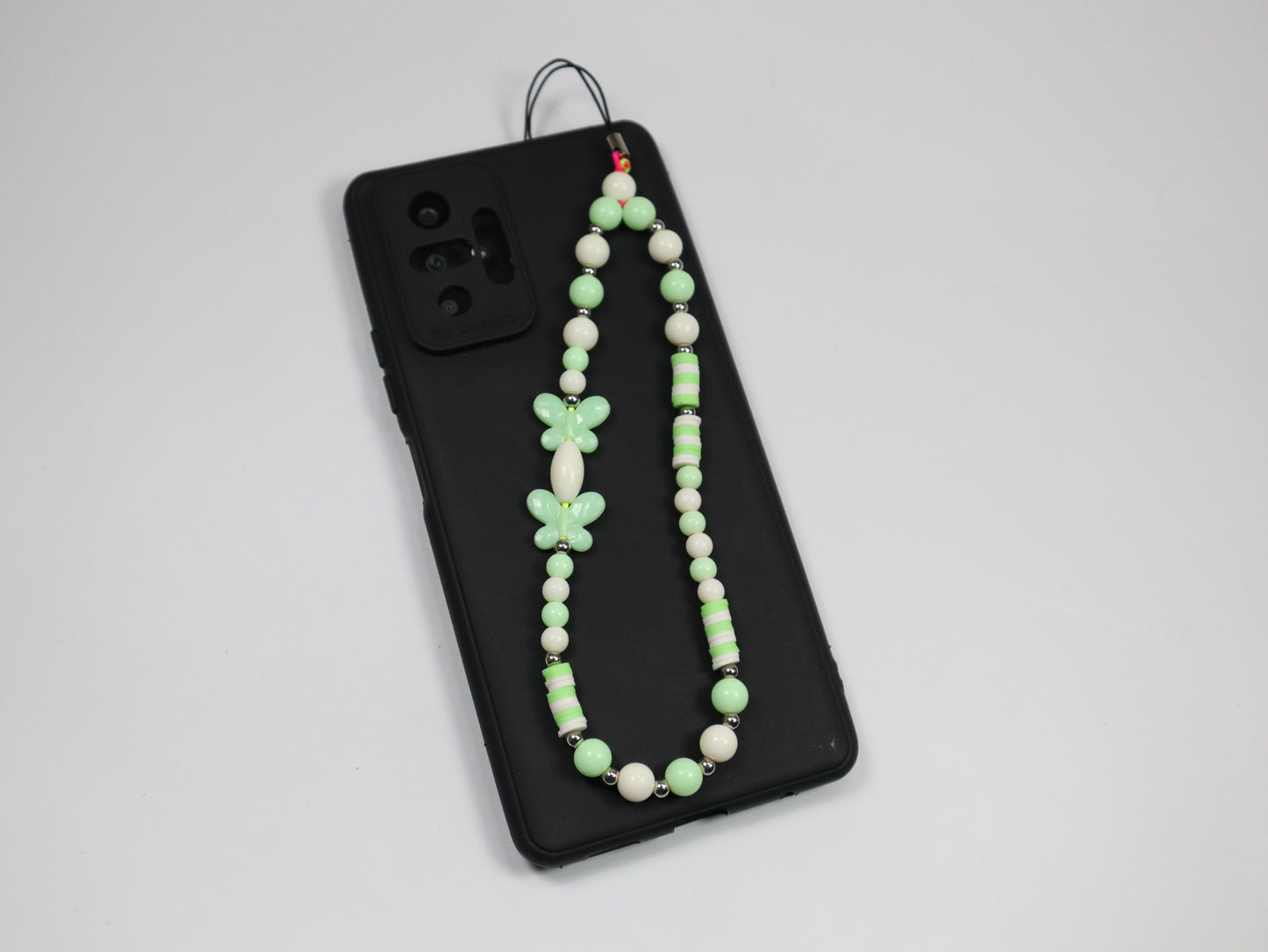 Kamule Green & White Beaded Butterfly Phone Charm