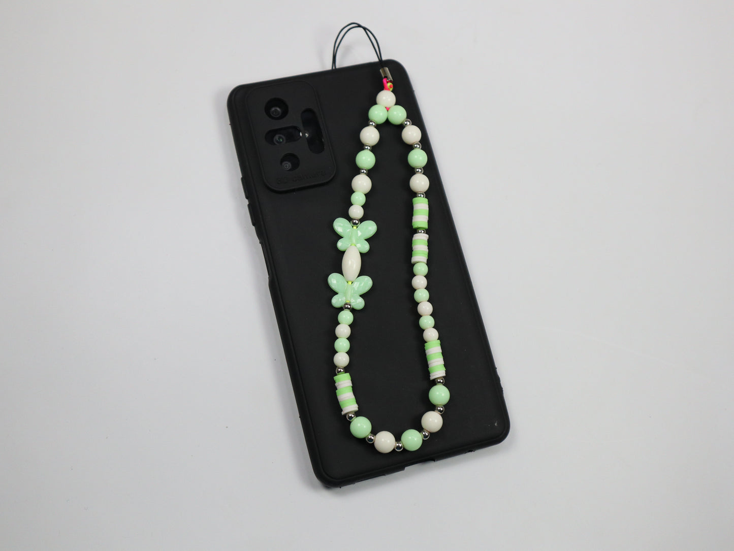 Kamule Green & White Beaded Butterfly Phone Charm