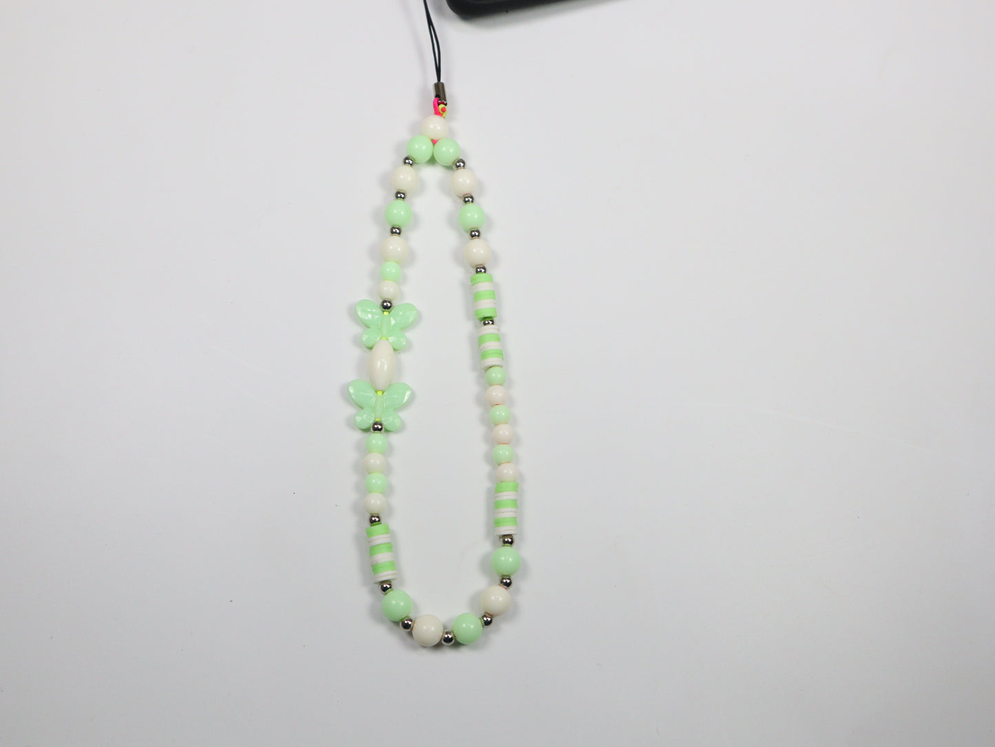 Kamule Green & White Beaded Butterfly Phone Charm