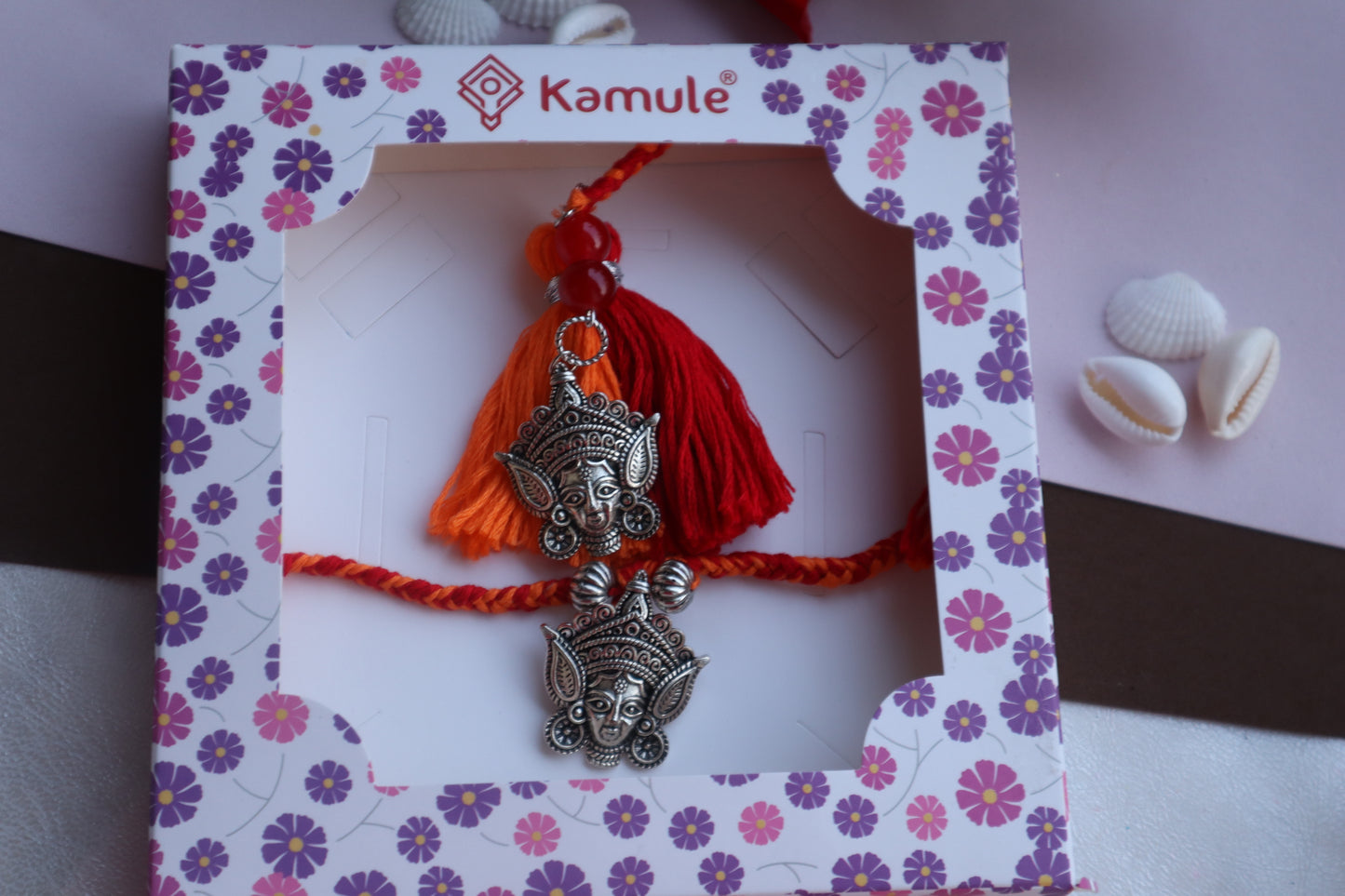 Kamule Durga Idol Rakhi  Bhaiya Bhabhi Rakhi Set of 2 - Red & Orange