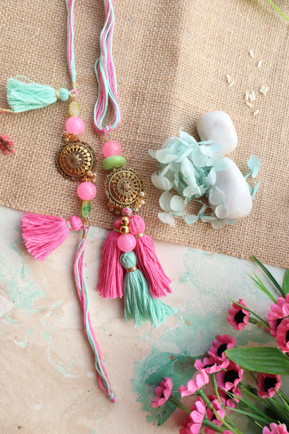 Kamule Oxidized Pendant Embellished Tassel Bhaiya Bhabhi Rakhi Set - Pink and Green