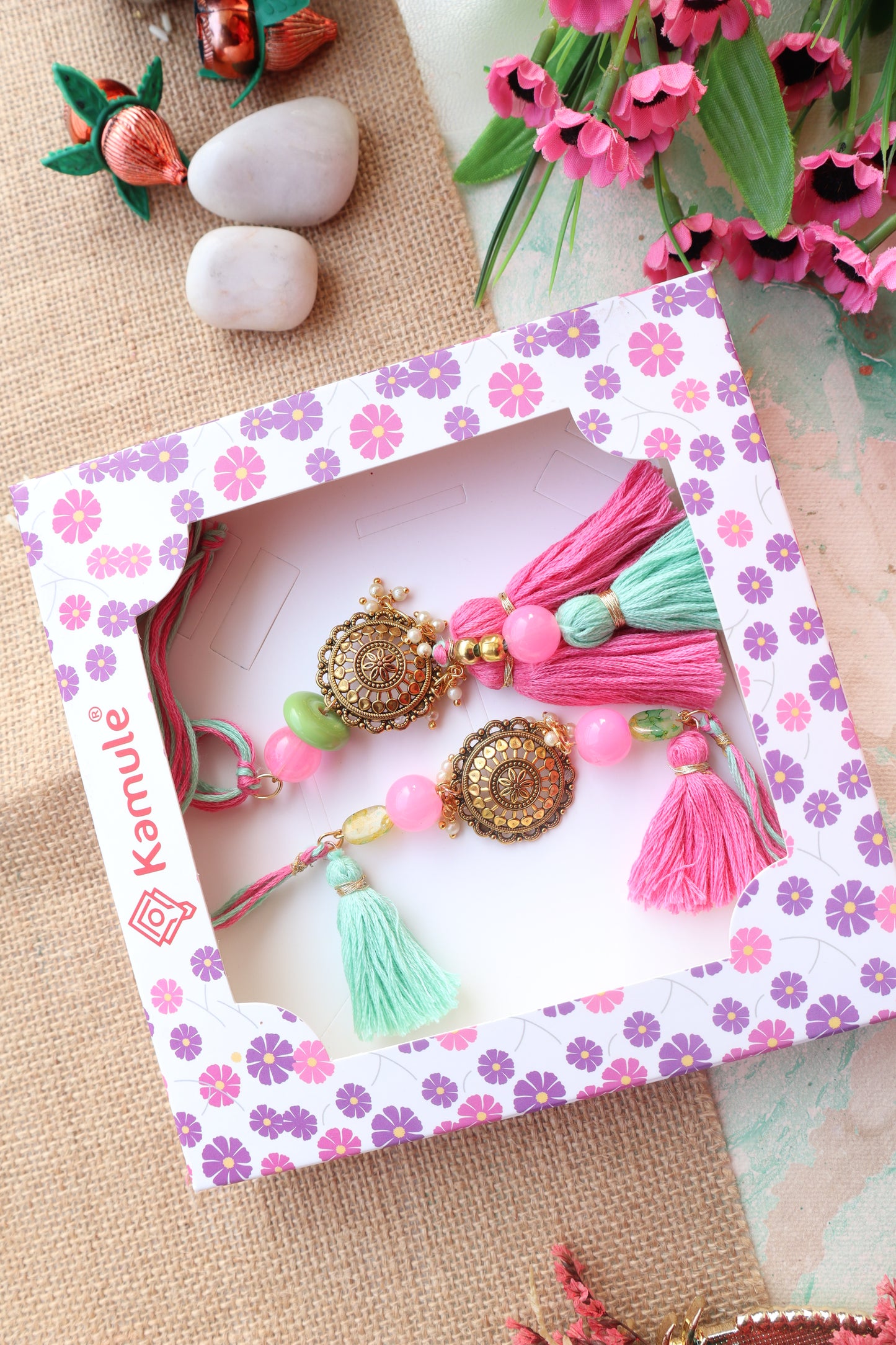 Kamule Oxidized Pendant Embellished Tassel Bhaiya Bhabhi Rakhi Set - Pink and Green