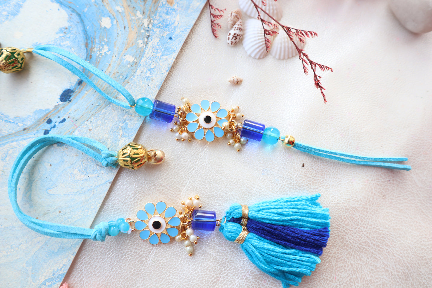 Kamule Ocean Theme Kundan Rakhi Set - Blue