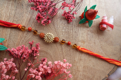 Kamule Radiant Flame Om and Sacred Rudraksha Rakhi - Orange