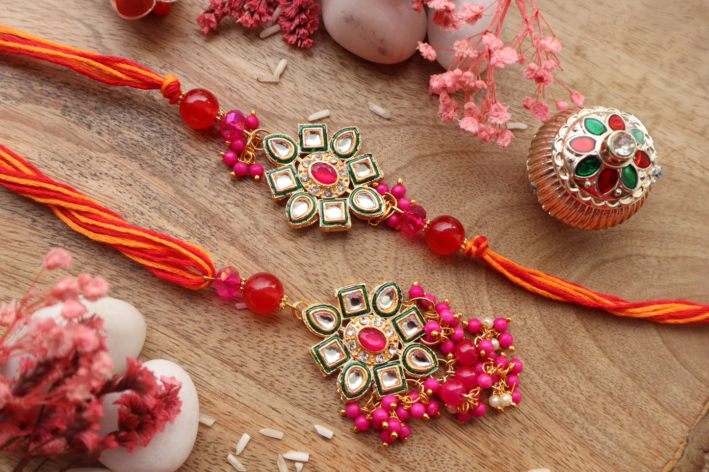 Kamule Meenakari Kundan Stones Bhaiya Bhabhi Rakhi Set - Dark Pink