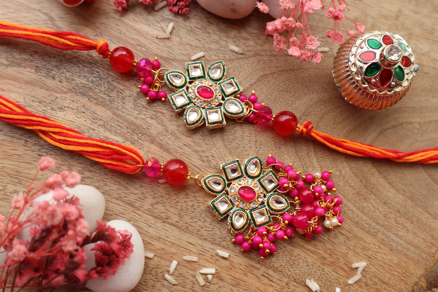 Kamule Meenakari Kundan Stones Bhaiya Bhabhi Rakhi Set - Dark Pink