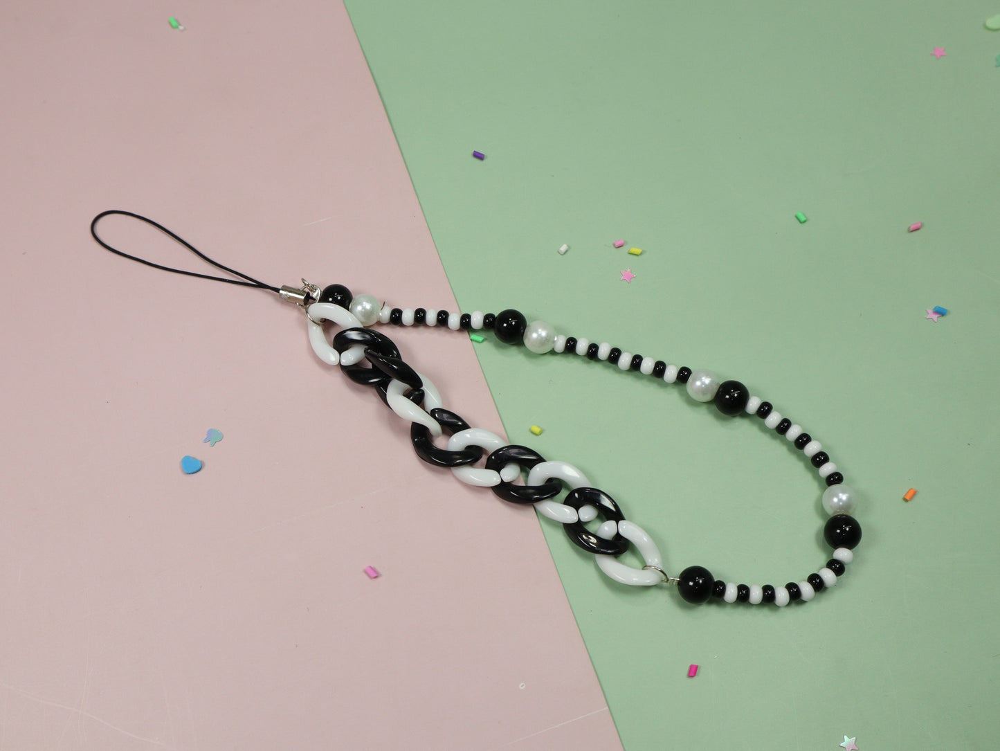 Kamule White & Black Beaded with Chain Phone Charm