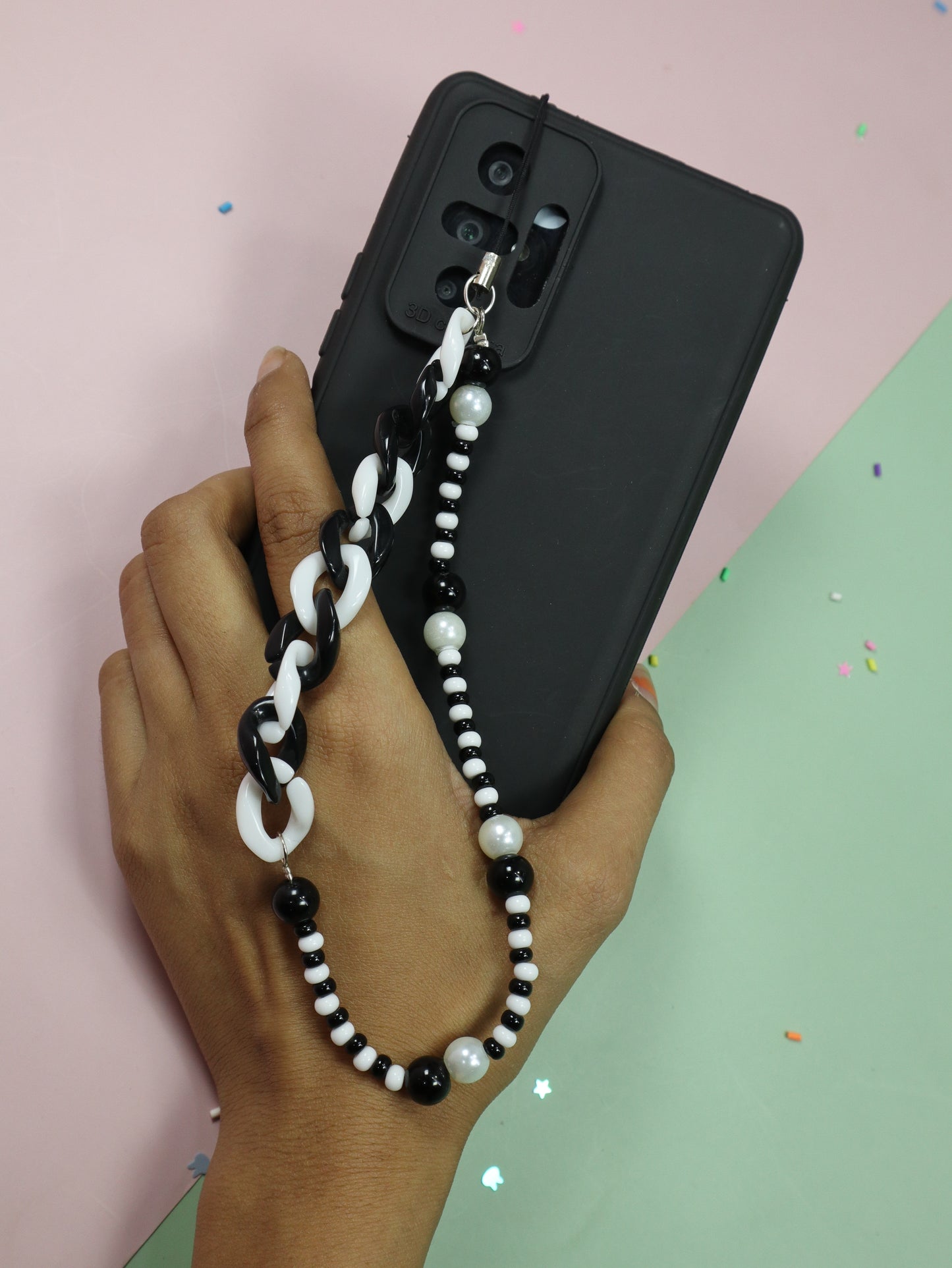 Kamule White & Black Beaded with Chain Phone Charm