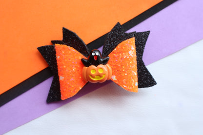 Kamule Halloween-Themed Pumpkin Embellished Bow Hair Clip - Orange, Purple