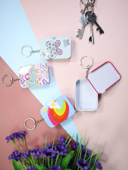 Tin Storage Box Keychain|Rectangle Shape Tin Box Keychain|Coin Box Keychain|Mini Storage Box with Key Chain for Small Mini Items|Multicolor Key Chain