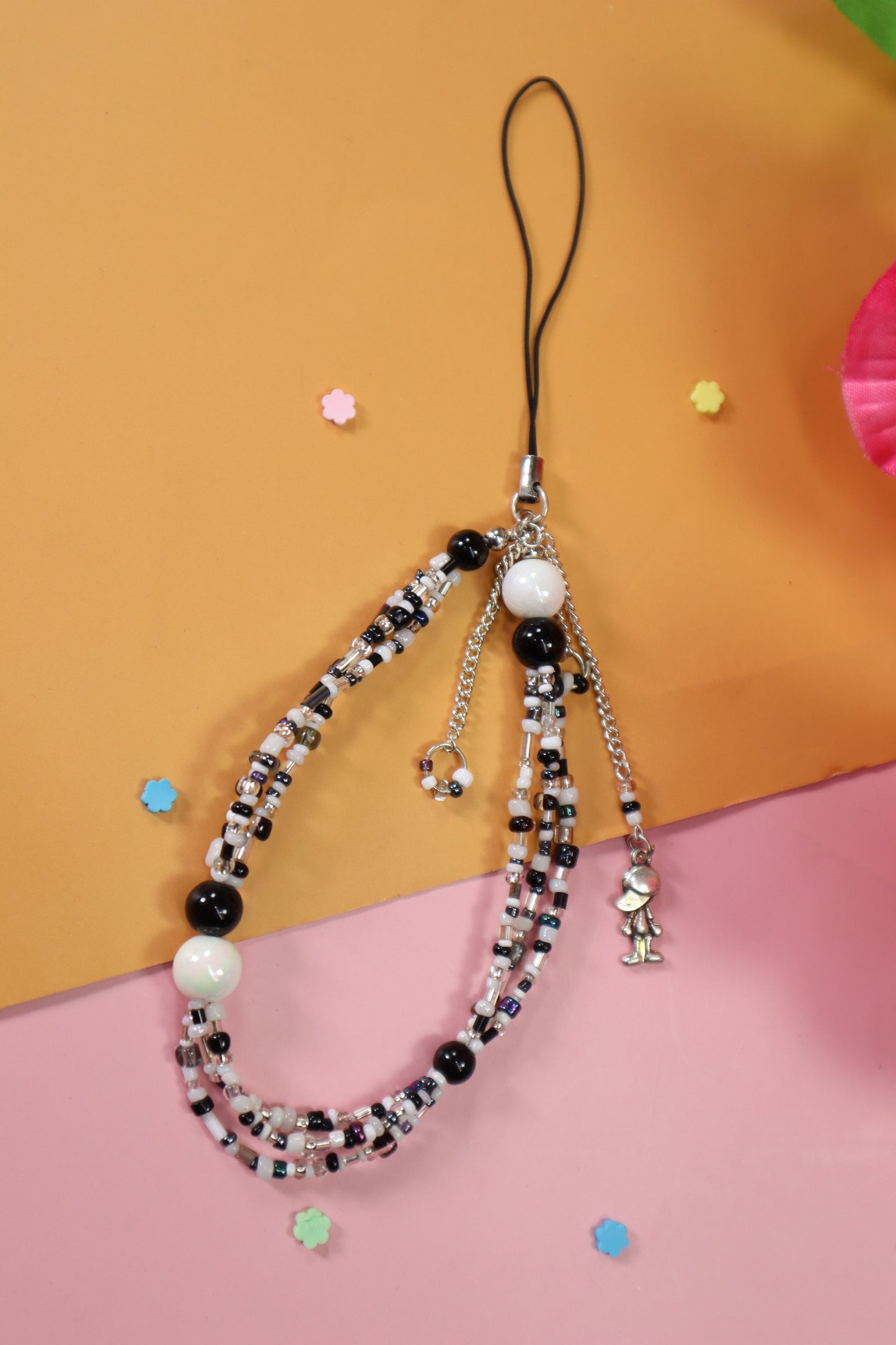 Kamule White & Black seed beads phone charm