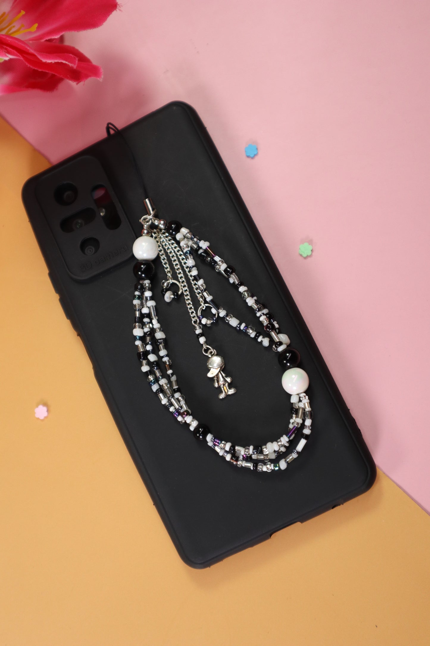 Kamule White & Black seed beads phone charm