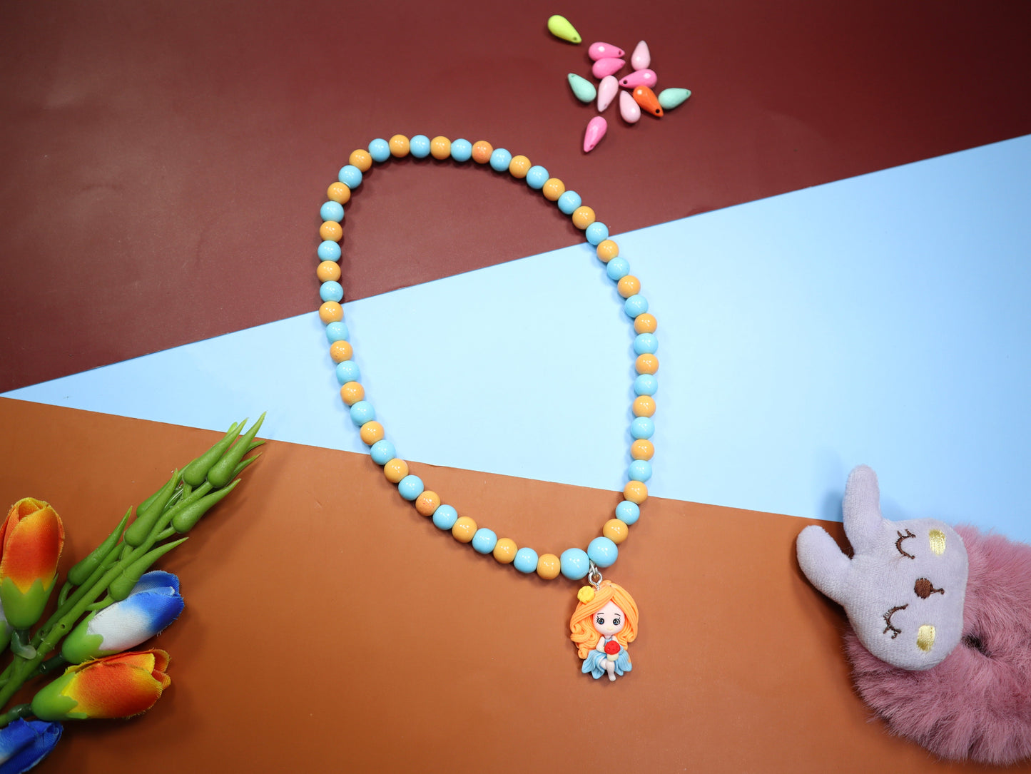 Kamule Blue & Orange Beaded Doll Necklace