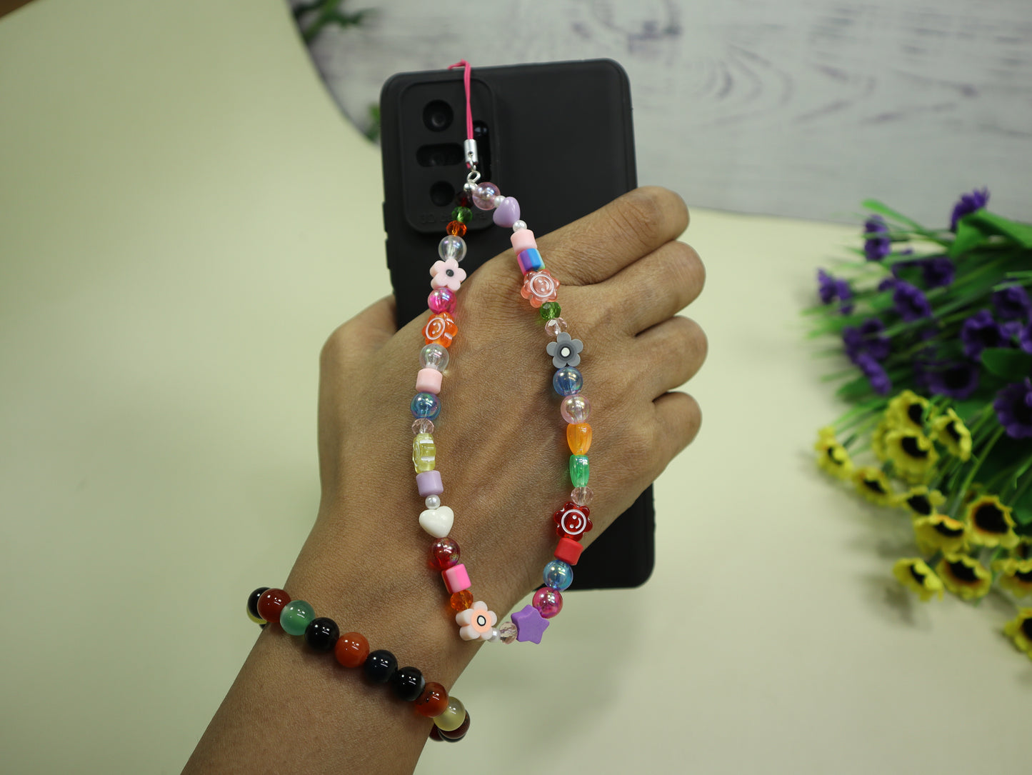 Kamule Multi colour Beads & Heart shining Phone Charm