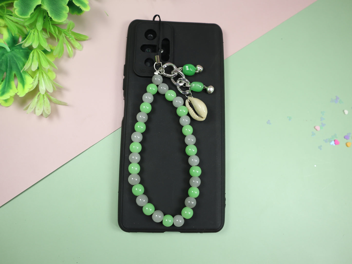 Kamule Green & Grey Beaded Phone Charm