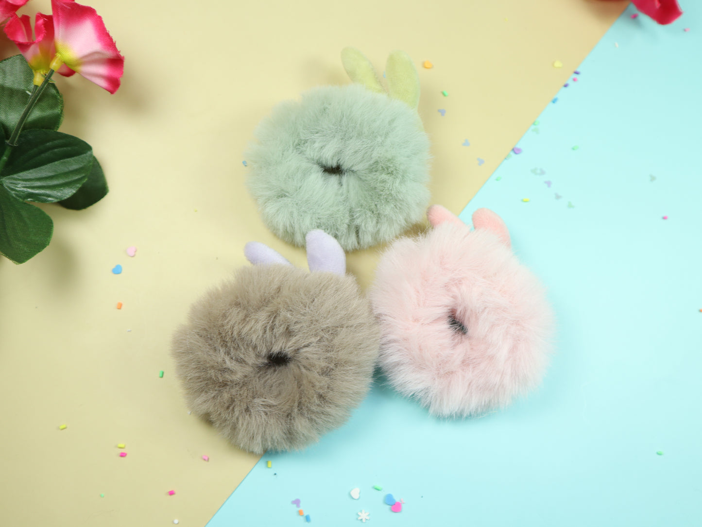 Kamule Fluffy Band and Scrunchies with Cute Face Bunny - Set of 3- Pink,Green,Gray