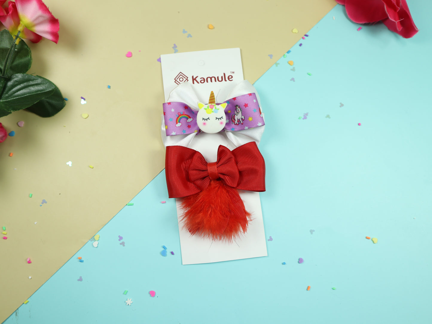 Kamule Double Layered Grosgrain Unicorn and Feather Detailed Bows -Set of 2- White , Red, Purple