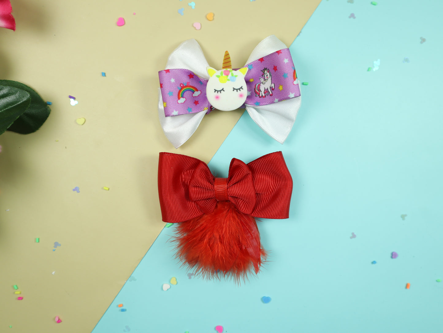 Kamule Double Layered Grosgrain Unicorn and Feather Detailed Bows -Set of 2- White , Red, Purple