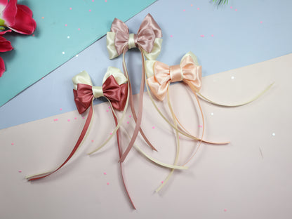 Kamule Lurex Layered Bow Detailed Hair Clip - Dusty Rose, Peach, Rose Gold- Set of 3