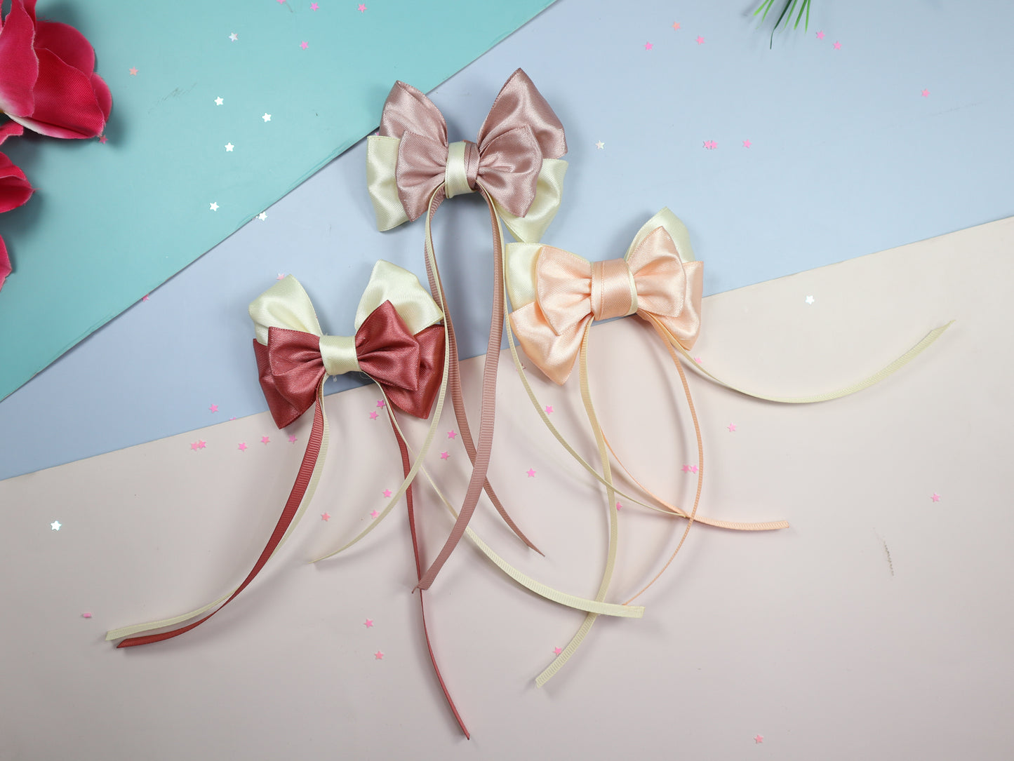 Kamule Lurex Layered Bow Detailed Hair Clip - Dusty Rose, Peach, Rose Gold- Set of 3