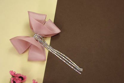 Stone Strings Embellished Detailed Bow Clip - Dusky pink