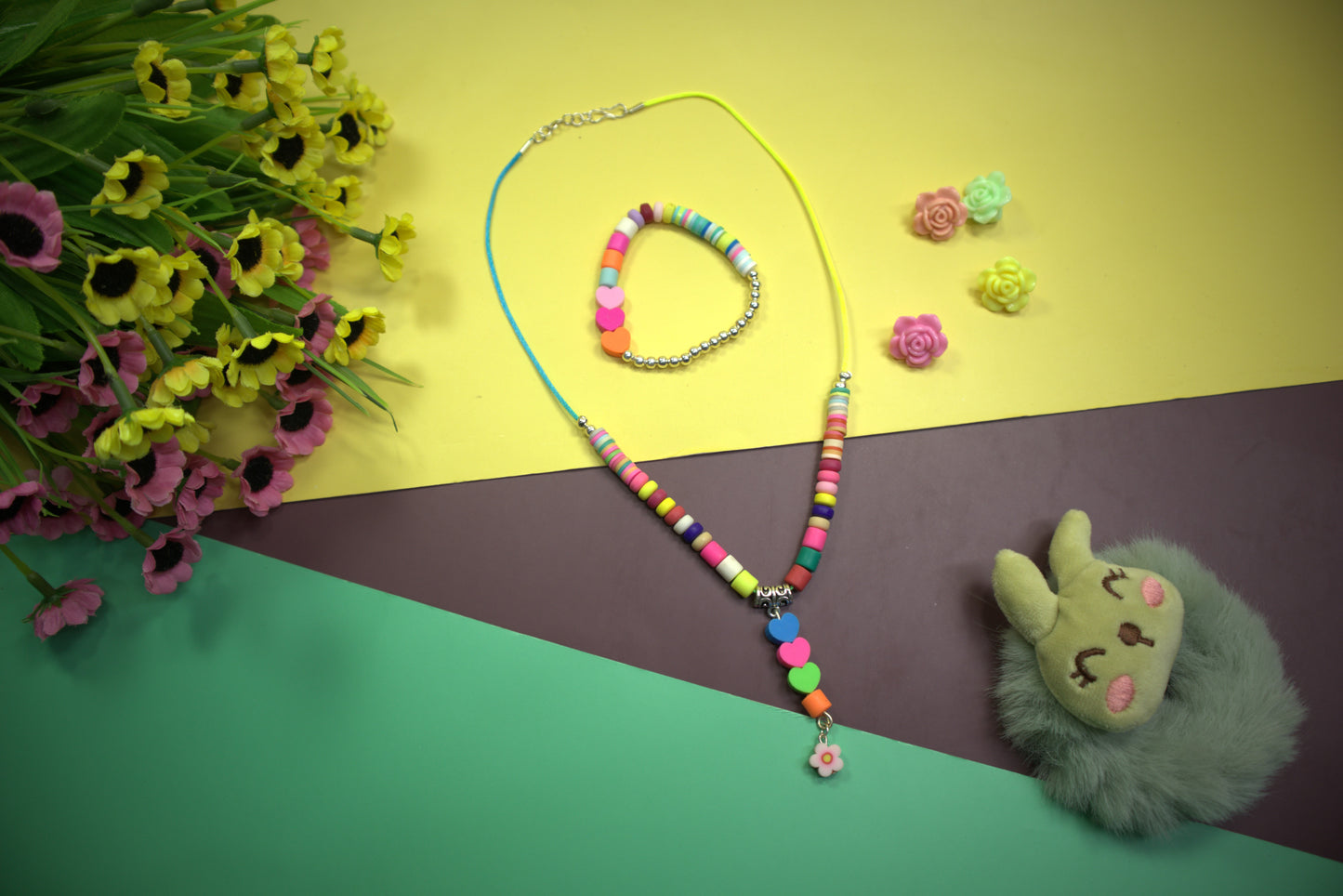 Kamule Multicolour Fimo Beads with Heart Necklace & Bracelet