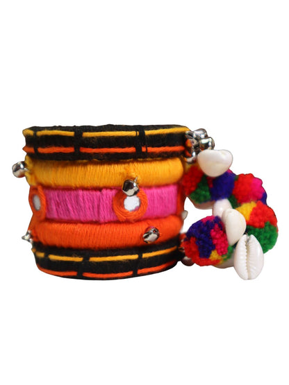 Kamule Navratri-Inspired Set of 5 Wool Thread Bangles with Shell & Pom-Pom Charms – Multicolour