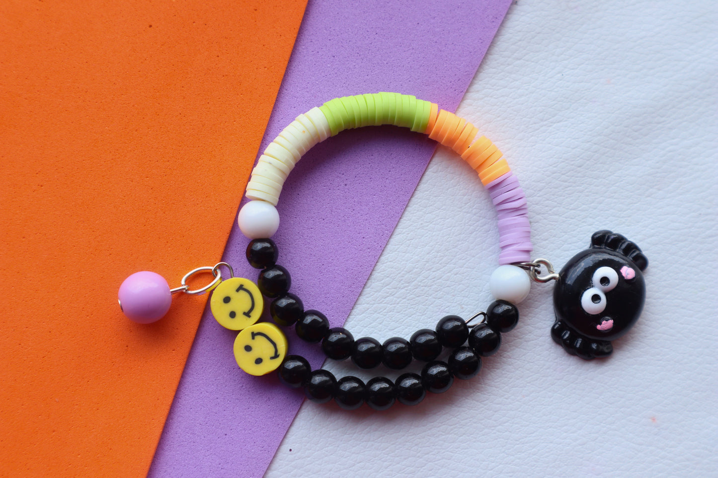 Kamule Halloween Ghost Appliqué Fimo Beads Bracelet - Black, Orange, Purple
