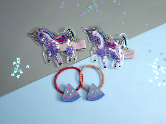 Kamule Unicorn and Watermelon Detailed Clip and Rubber band Set of 4- Purple