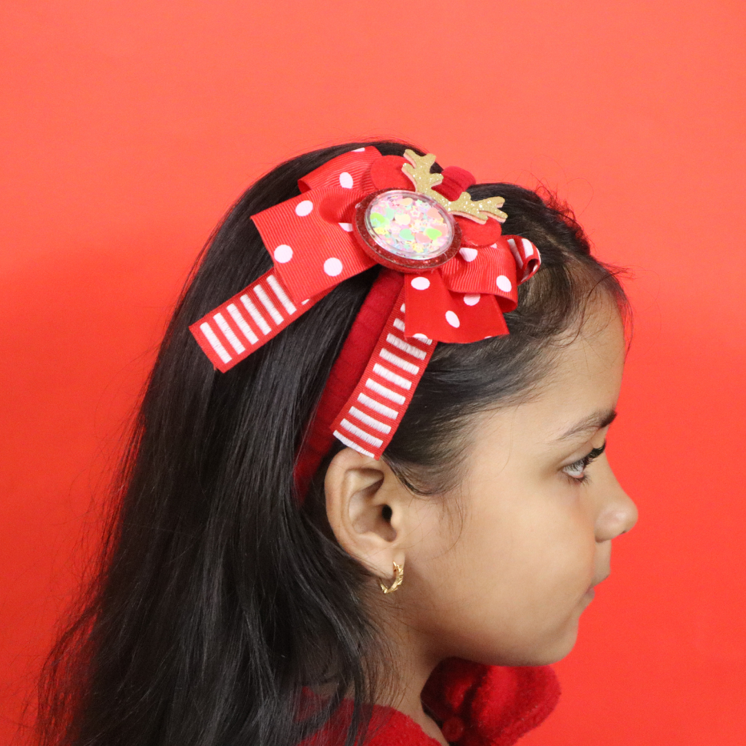 Kamule Christmas Theme Reindeer Sequin Bow Polka dots Hairband - Red