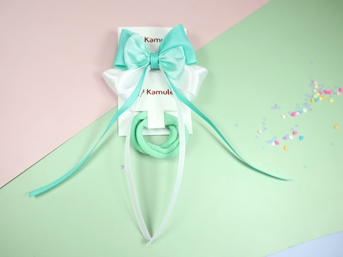 Kamule Satin Layered Detailed Bow and Rubber Bands set of 3- Aqua Green