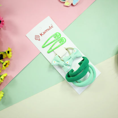 Kamule Party Theme Hair & Clip with Rubber Band set of 4 -Dark Green and Green