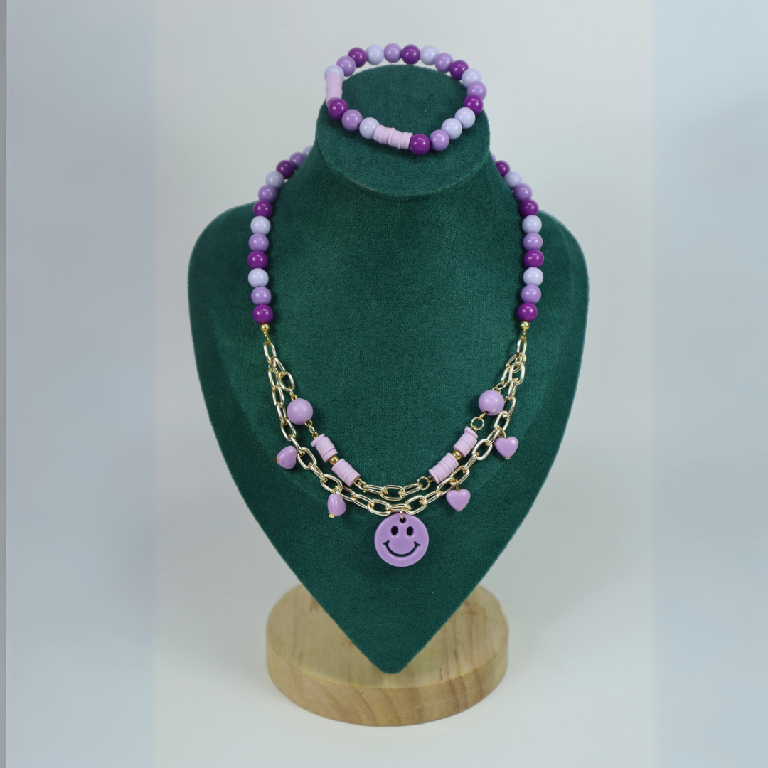 Kamule Beads With Chain Smile Neck Piece & Bracelet - Purple