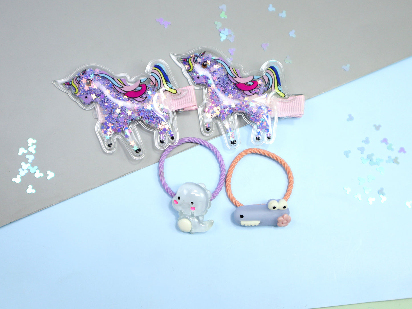 Kamule Unicorn and Character Detailed Clip and Rubber Band Set of 4- Purple