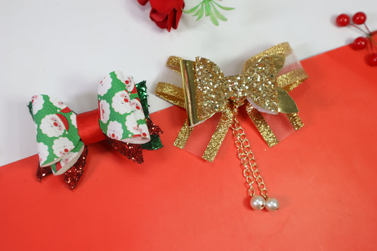 Kamule Christmas Theme Glittery Santa Print Detailed Bow Clips set of 2-Golden, white, Red