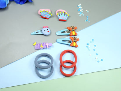 Kamule Emoji and Crown and Character Clips and Rubber Bands - set of 10 -Sky Blue and Orange and Dusty Rose