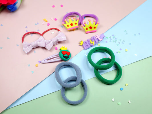 Kamule Emoji and Bow Detailed Hair Clips and Rubber Bands - Set of 10 - Green , Vilot